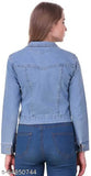 Women's solid blue denim plain jacket, long sleeves, denim fabric, India origin