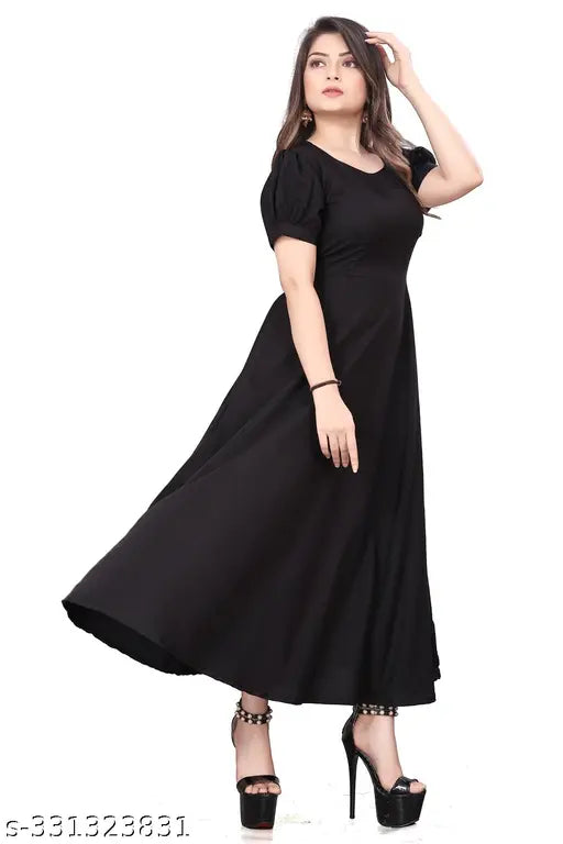 Black crepe short-sleeved trendy dress for women, single size ranges from S to 5XL, India-made fashion piece by Blue Space