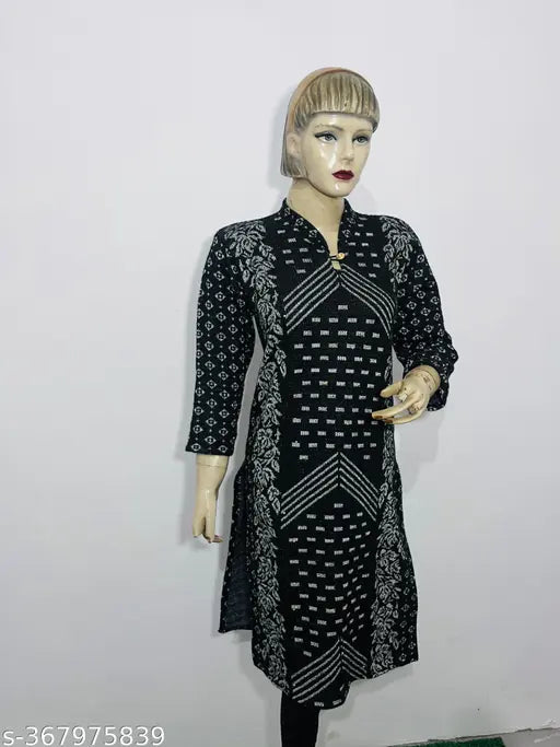 Black woolen kurti with flower print, three-quarter sleeves. Fancy winter wear for women, ultra-soft wool fabric, dry clean only