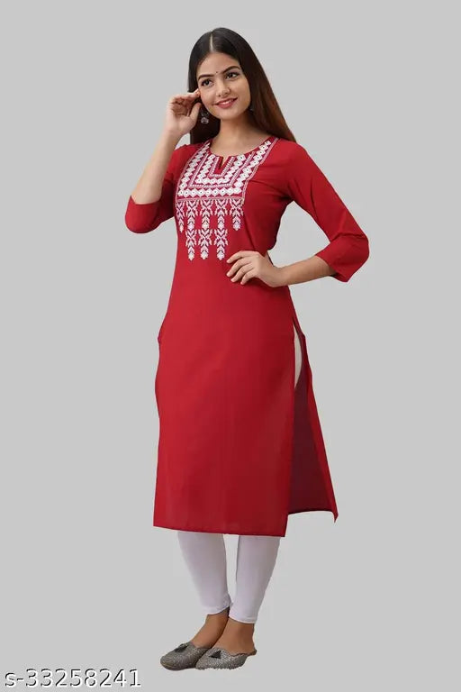 Red rayon embroidered kurti with three-quarter sleeves, trendy and fabulous for women's fashion, single sizes M (38in bust, 42in length) L (40in bust, 42in length)