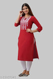 Red rayon embroidered kurti with three-quarter sleeves, trendy and fabulous for women's fashion, single sizes M (38in bust, 42in length) L (40in bust, 42in length)