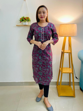 Purple 100% cotton Jaipuri kurti, boasting traditional motifs & patterns, versatile, comfortable, easy care