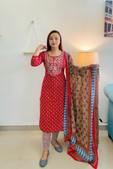 Red cotton kurti with pant and dupatta, authentic Jaipuri craftsmanship, traditional motifs and patterns, comfortable for any occasion, versatile elegance, flattering silhouette, easy care