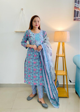 Blue cotton kurti with pant and duppatta, authentic Jaipuri block printing, comfortable for any occasion
