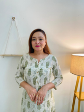 Cream cotton kurti with pant set, traditional Jaipuri block printed, 100% pure cotton for comfortable wear, versatile elegance and flattering silhouette