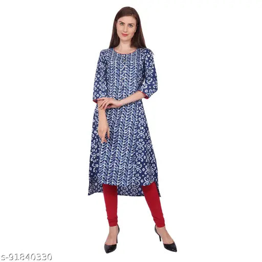 Blue printed cotton straight kurti for women, three-quarter sleeves, single color, S (Bust 36in, Length 45in), Made in India
