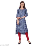 Blue printed cotton straight kurti for women, three-quarter sleeves, single color, S (Bust 36in, Length 45in), Made in India