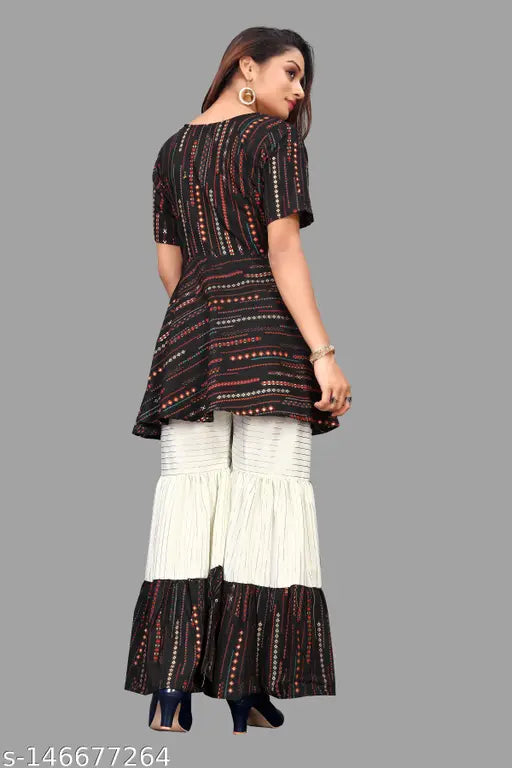 Rayon printed net Indian ethnic kurta set with sharara bottom, short sleeves on woman
