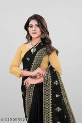 Golden Georgette Mirror Embellished Saree with Separate Dupion Silk Blouse, Indian traditional attire