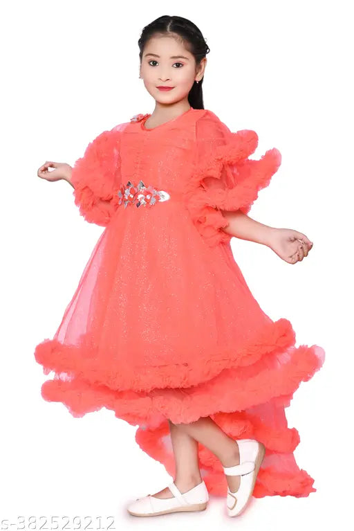 Short sleeve net frock for 3-4 years girls, vibrant solid color, Indian-origin fashion dress