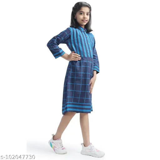 Blue checkered cotton full sleeve dress for girls (7-14 years), made in India