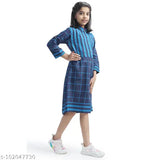 Blue checkered cotton full sleeve dress for girls (7-14 years), made in India