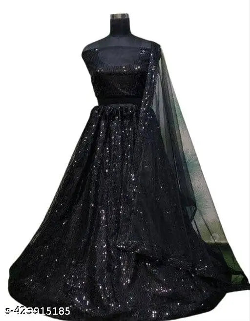 Black net embroidered Anrika women's lehenga choli and dupatta set, semi-stitched party wear for festive occasions