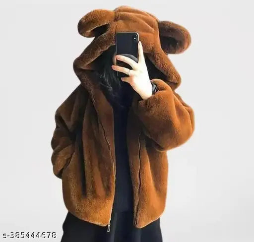 Fleece teddy winter jacket for women, solid pattern, long sleeves - stylish winter wear from India