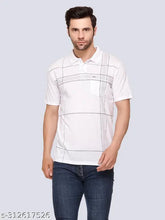 Navy cotton blend striped polo t-shirt for men, short sleeves, checked pattern