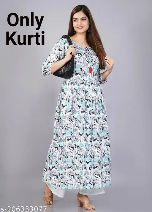 Gray rayon printed kurti, three-quarter sleeves, Indian ethnic wear for women