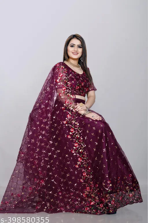 Ethnic net lehenga choli with sequin work, free size, 44m waist and length