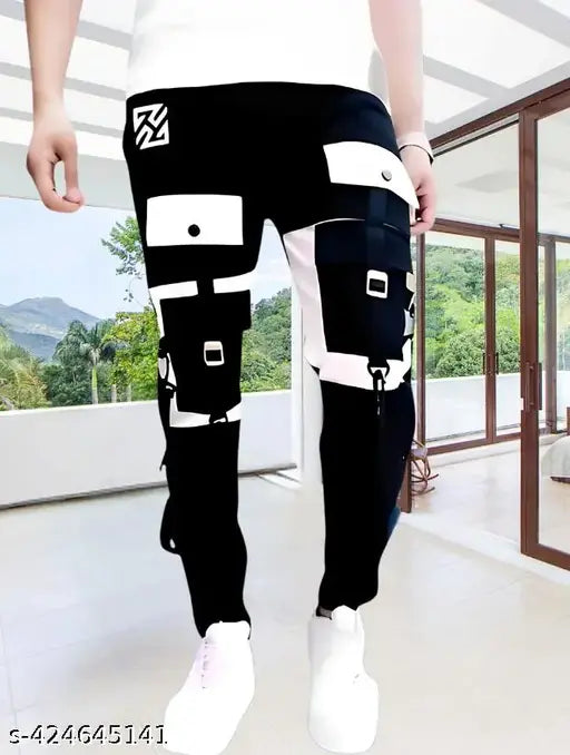 Black cotton blend cargo pants, stylish and comfortable for men & boys. Versatile black and white color combination, mid-rise with sizes 26, 28, 30, 32 (waist 26/28/30/32, length 39 in, hip 30/32/34/36). Made in India