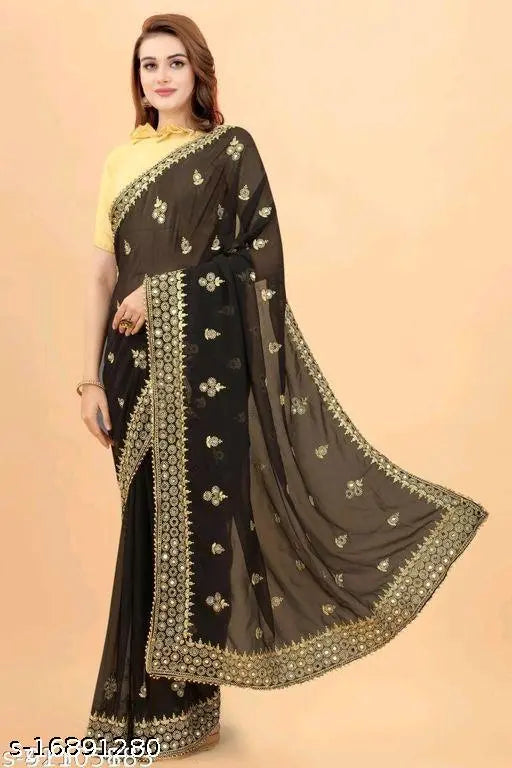 Georgette embroidered trendy saree with separate dupion silk blouse, single free size from India