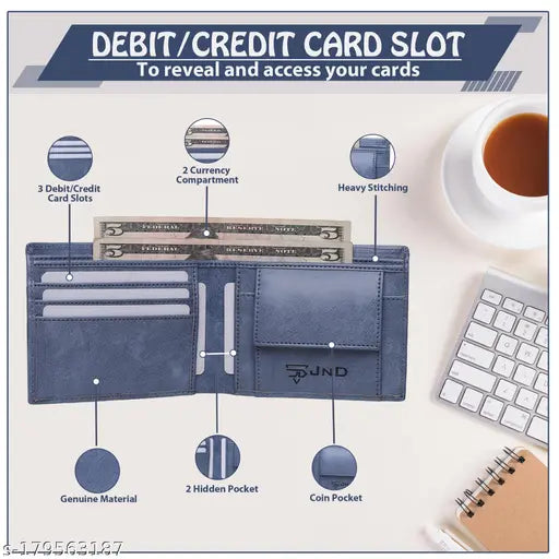 Sky Blue Canvas & Leather CP Wallet for Men - Solid design, 2 compartments, imported leather, made by JnD Designer Company, durable cloth lining, stitching detail, matte finish, PU leather, 3 credit card slots, secret compartment, coin pocket, currency compartment, made in India