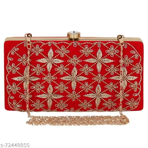 Red velvet embroidered clutch, handcrafted zari embroidery work, one compartment, free size (8x4 in), Indian fashion accessory