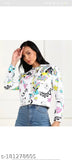 White cotton blend twill jacket, printed pattern, long sleeves - stylish, trendy fashion jackets