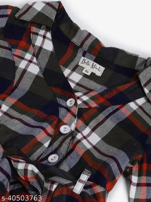 Cotton blend checked shirt dress with belt for 4-5 years (bust size: 26 in), red, black, grey, and white colors. Authentic Mustmom girls dress with long sleeves and a fabric belt