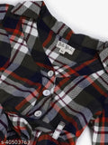 Cotton blend checked shirt dress with belt for 4-5 years (bust size: 26 in), red, black, grey, and white colors. Authentic Mustmom girls dress with long sleeves and a fabric belt