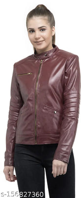 Solid leather Wolver full sleeve women's jacket, PU (faux leather) biker style with stylish zips, slim fit, made in India