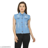 Stylish sleeveless denim jacket for women, solid net fabric, size M/36in-18in, made in India
