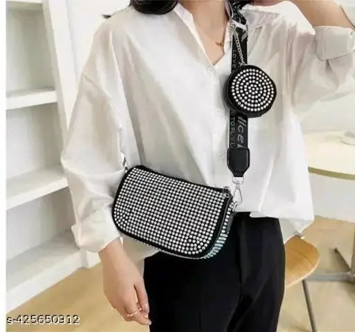 Glossy silver PU sling bag, stylish design with diamond detailing, perfect accessory for girls