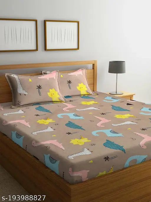 Brown cotton fitted double bed sheet, 220 TC, HOMICON premium quality, King size with 2 pillow covers, ideal for kids' rooms during summer