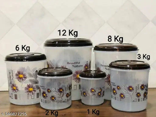 Brown plastic mixer jar set, airtight containers in multiple sizes (12KG, 8KG, 6KG, 3KG, 2KG, 1KG). Ideal for grocery storage