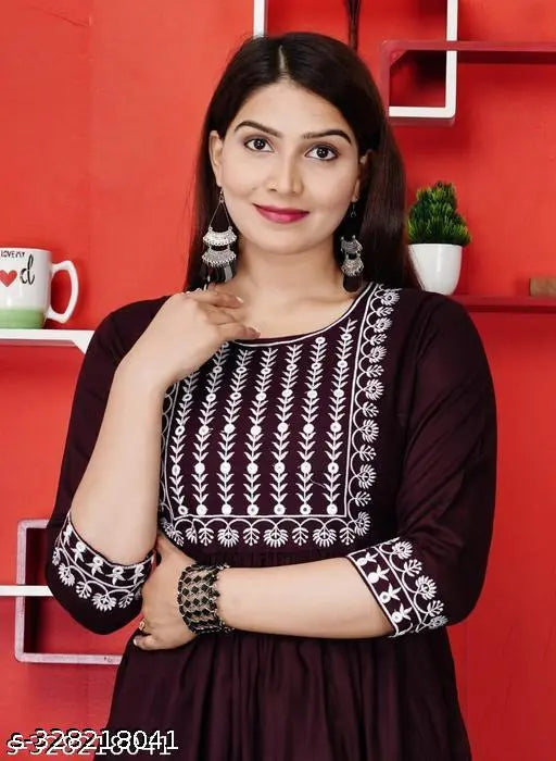 Rayon embroidered flared kurti, trendy three-quarter sleeve Indian outfit on mannequin