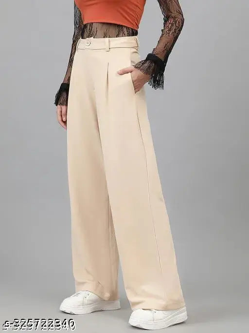 Loose fit beige viscose rayon pants, Abhi women's side pocket trousers with Korean pent design, one size available