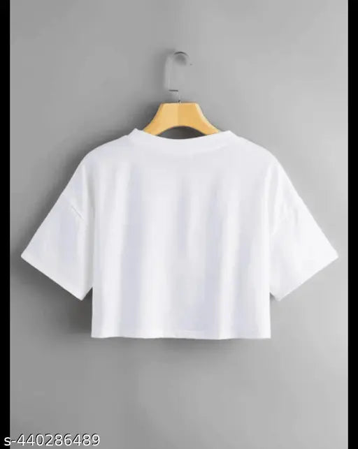 White crop top t-shirt for girls, polyester with printed net pattern, short sleeves, latest design by Crze Fashion