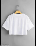 White crop top t-shirt for girls, polyester with printed net pattern, short sleeves, latest design by Crze Fashion