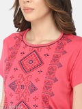 Pink Navy women's cotton pyjama suit with flower print, round neck, short sleeves - Bell Paper, India