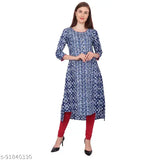 Blue printed cotton straight kurti for women, three-quarter sleeves, stylish Indian fashion