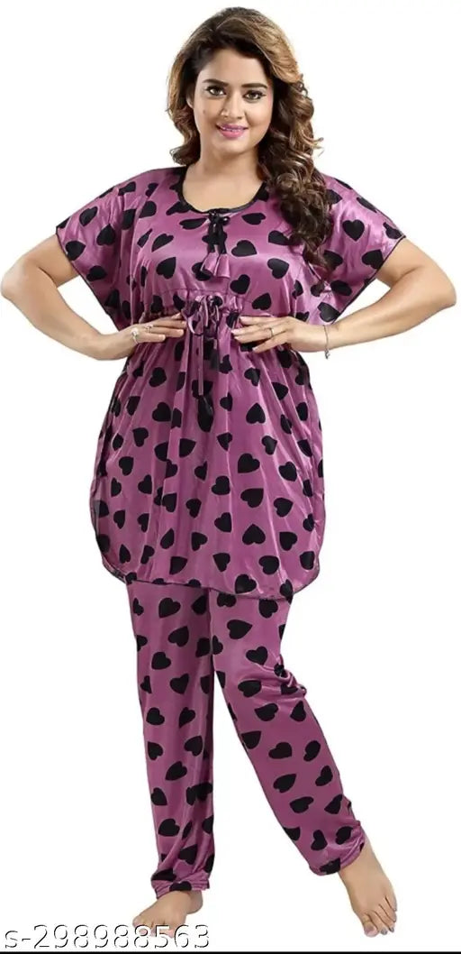 Heart printed satin kaftan nightsuit for women, satin pyjamas with short sleeves and maxi length (M-XL) from India
