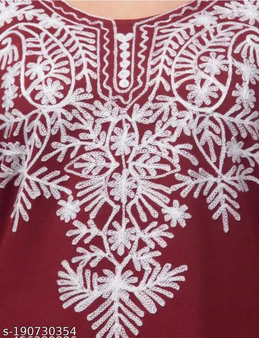 Woolen aari work embroidered kurti with three-quarter sleeves, handcrafted woolen clothing from India