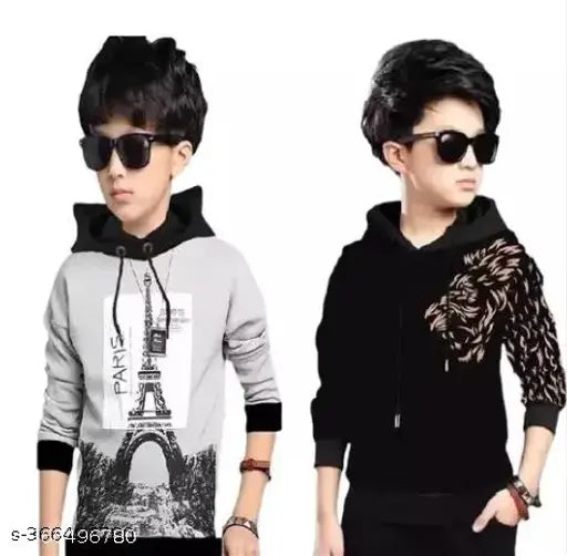 KIDS PACK OF 2 HOODED FULL SLEEVES PRINTED REGULAR FITTED CASUAL WEAR COTTON T-SHIRT