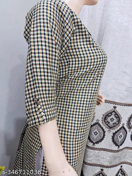 Yellow woolen straight kurti with three-quarter sleeves and printed combo, ideal for winter casual or formal wear. Available in sizes M, L, XL, XXL, XXXL, 4XL. High-quality woolen fabric ensures comfort