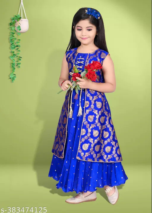 Silk sleeveless embroidered net gown for beautiful girls (18-10 years), Indian handcraft