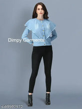 Blue denim regular jacket, long sleeves, solid pattern by Dimpy Garments. Women's poncho style denim jacket from India