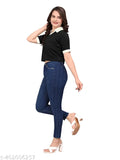 Black lycra crop top t-shirt for women and girls, solid black fancy collar design