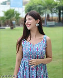 Elegant blue floral printed rayon flared ankle-length dress for women's & girls - stylish, comfortable, and chic