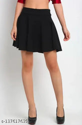 Black polyester Korean Skater flared mini skirt, elasticated waistband and slip-on closure. Great for year-round wear, perfect for work or play