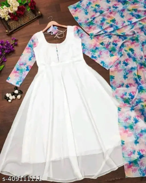 White georgette kurti with printed combo, long sleeves, pastel shades. Sizes: S, M, L, XL, XXL. Kurti set with matching dupatta, India origin