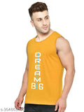 Cotton blend, mustard-colored men's sleeveless round neck printed T-shirt on hanger, India origin